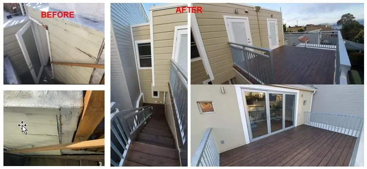 Before and after images of a rooftop renovation in Oakland by Roofing Logistics, Inc., showing a dramatic improvement in structure and appearance.